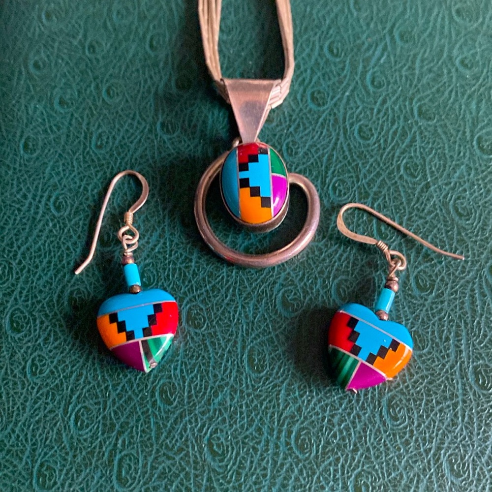 Sterling Southwestern Inlay Pendant with Strand Necklace and Matching Earrings